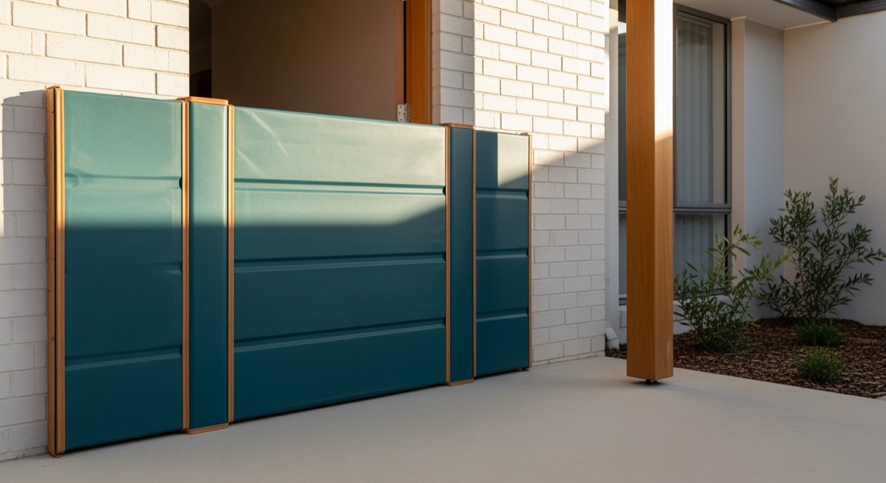A reusable flood barrier fitted across an Australian doorway