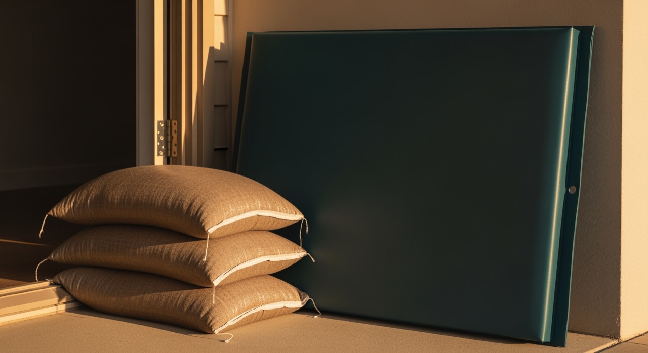 Sandbags and a reusable flood barrier at a home doorway