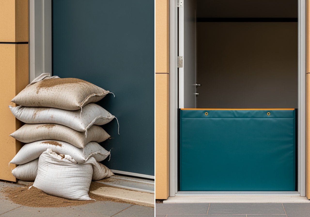 Sandbags beside a reusable flood barrier at a doorway